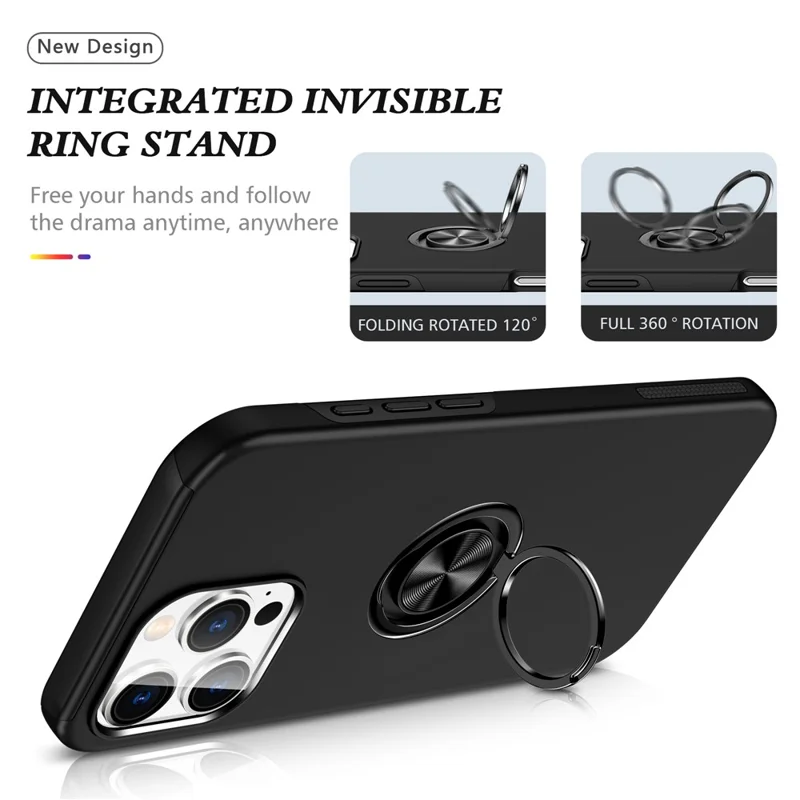 For iPhone 16 Pro Max Case with Ring Holder PC+TPU Anti-Scratch Phone Cover - Black
