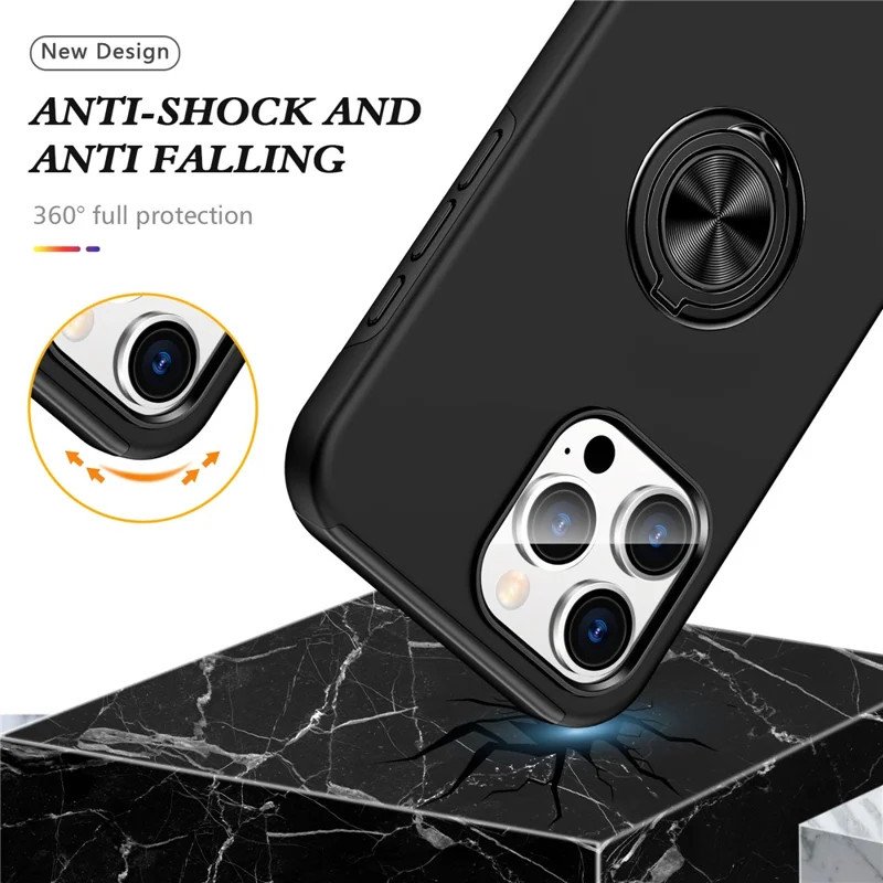 For iPhone 16 Pro Case Kickstand PC+TPU Phone Cover Magnetic Car Mount - Black