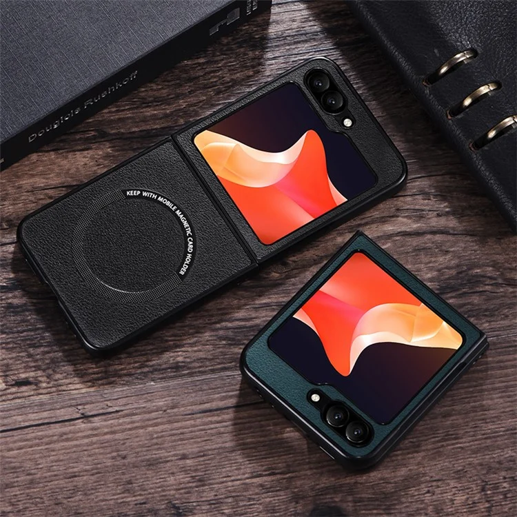 Для Samsung Galaxy Z Flip6 5G чехол, совместимый с MagSafe, кожаный + ПК чехол для телефона - черный