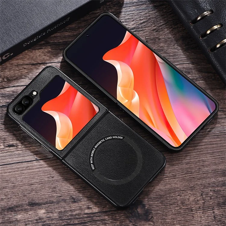 Для Samsung Galaxy Z Flip6 5G чехол, совместимый с MagSafe, кожаный + ПК чехол для телефона - черный