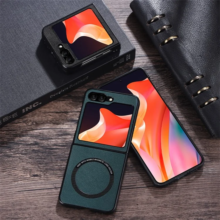 Для Samsung Galaxy Z Flip6 5G чехол, совместимый с MagSafe, кожаный + ПК чехол для телефона - черный
