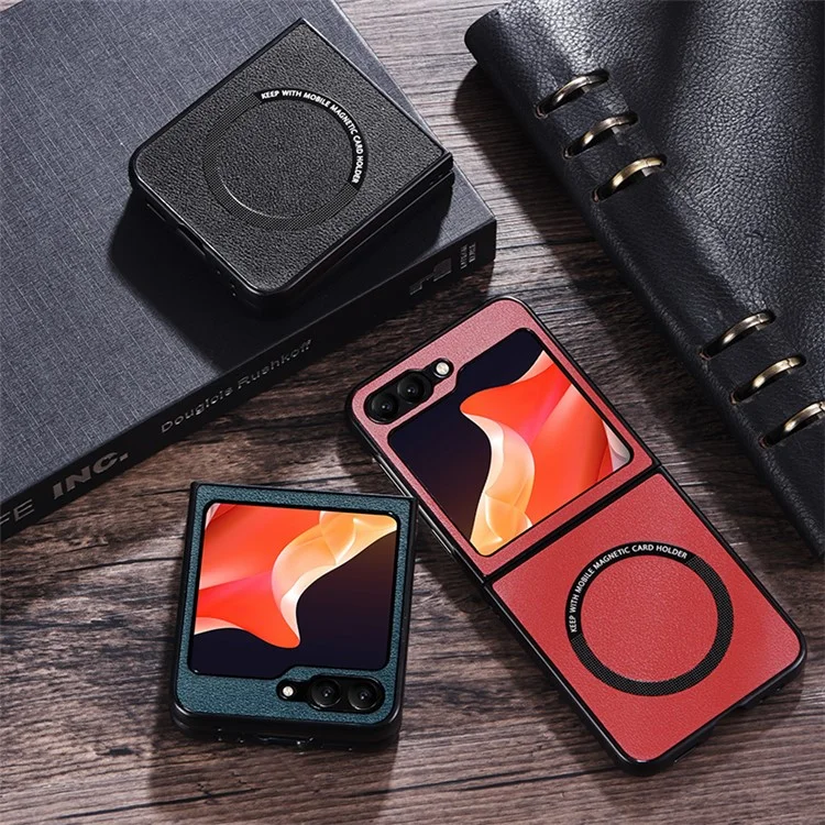 Для Samsung Galaxy Z Flip6 5G чехол, совместимый с MagSafe, кожаный + ПК чехол для телефона - черный