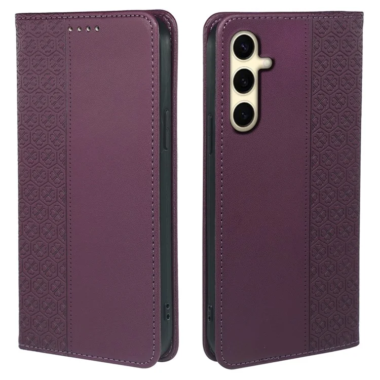 Para Samsung Galaxy A34 5G Case Four Leaves Clover Leather Phone Cover Wallet - Dark Purple