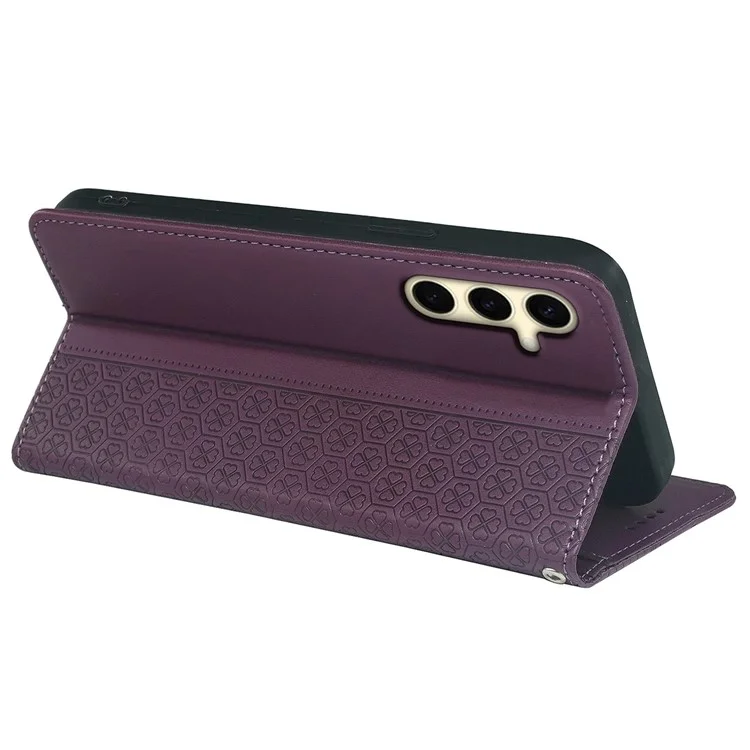 Para Samsung Galaxy A34 5G Case Four Leaves Clover Leather Phone Cover Wallet - Dark Purple