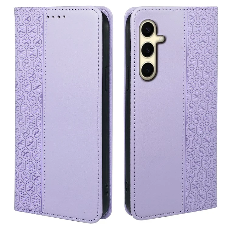 Para Samsung Galaxy S24 Wallet Case Quatro Folhas de Trevo Padrão de Couro Capa de Telefone - Roxo Claro