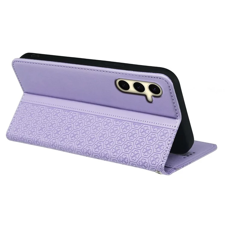 Para Samsung Galaxy S24 Wallet Case Quatro Folhas de Trevo Padrão de Couro Capa de Telefone - Roxo Claro