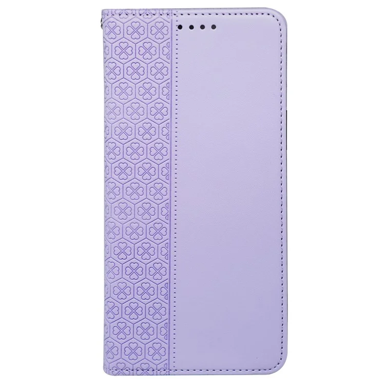 Para Samsung Galaxy S24 Wallet Case Quatro Folhas de Trevo Padrão de Couro Capa de Telefone - Roxo Claro