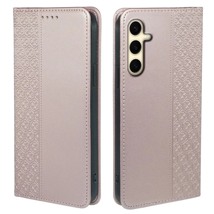 Para Samsung Galaxy S24+ Case Leather Wallet Phone Cover Four-Leaf Clover Imprint - Rose Gold