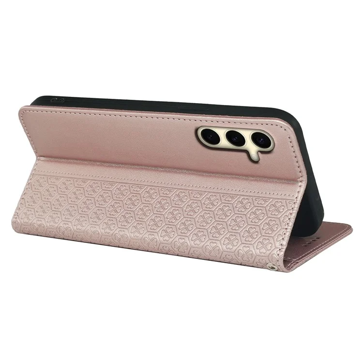 Para Samsung Galaxy S24+ Case Leather Wallet Phone Cover Four-Leaf Clover Imprint - Rose Gold