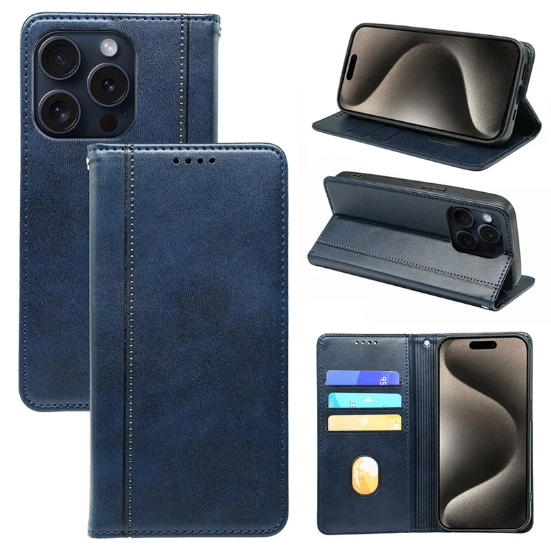For iPhone 15 Pro Case Kalfstructuur PU Leren Wallet Stand Telefoonhoes - Blauw