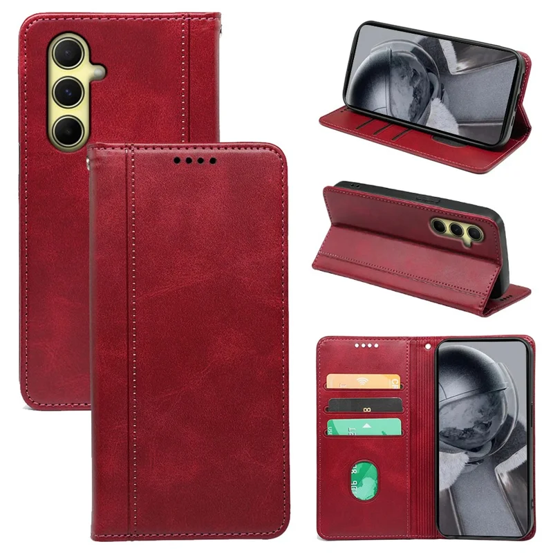For Samsung Galaxy S24 Card Slots Case Calf Texture PU Leather Phone Cover - Red