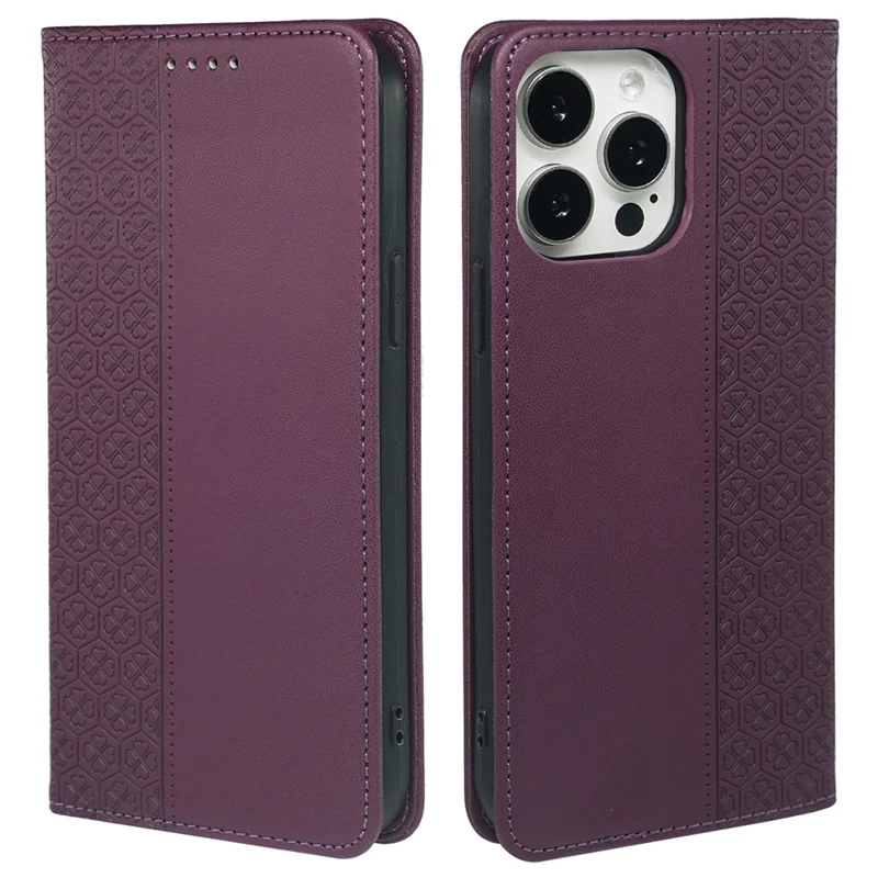 Für iPhone 15 Pro Hülle Vierblättriges Kleeblatt Leder Flip Handyhülle - Dunkelviolett