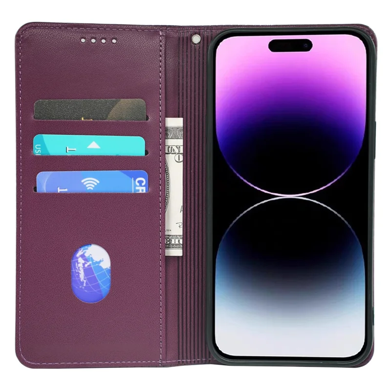 Für iPhone 15 Pro Hülle Vierblättriges Kleeblatt Leder Flip Handyhülle - Dunkelviolett