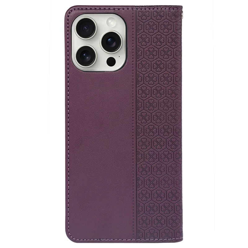 Für iPhone 15 Pro Hülle Vierblättriges Kleeblatt Leder Flip Handyhülle - Dunkelviolett