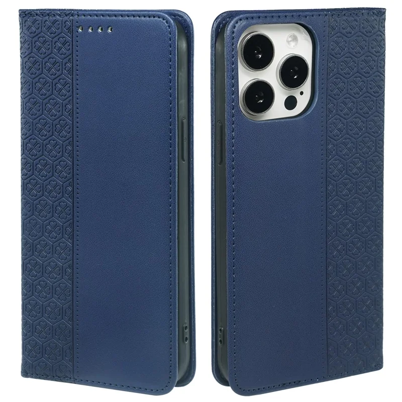 For iPhone 15 Pro Max Case Four-Leaf Clover Leather Flip Phone Cover - Blue