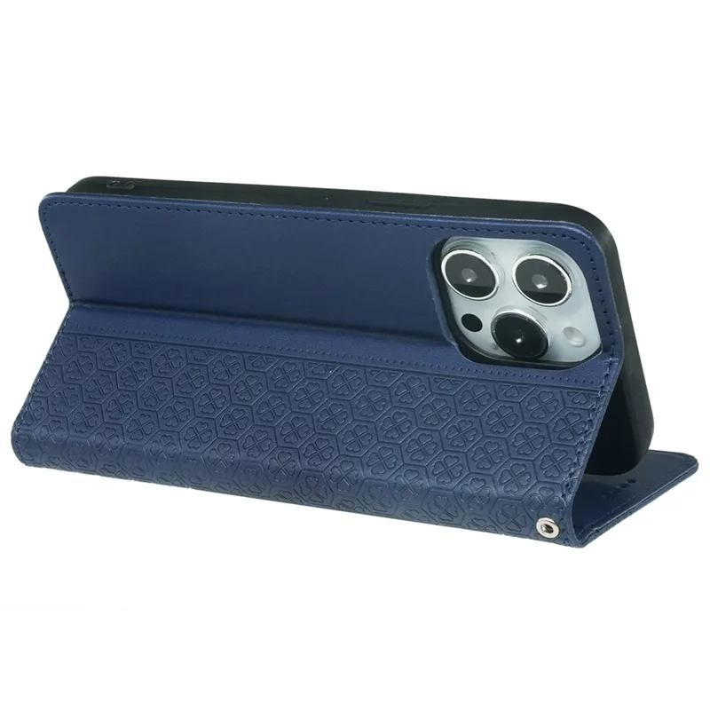 For iPhone 15 Pro Max Case Four-Leaf Clover Leather Flip Phone Cover - Blue