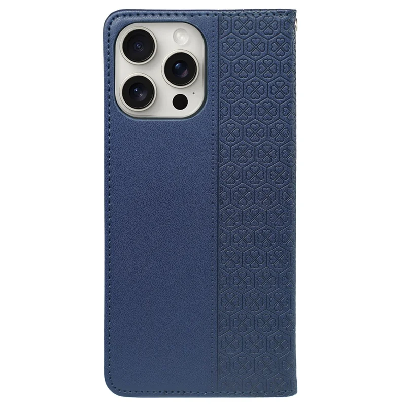 For iPhone 15 Pro Max Case Four-Leaf Clover Leather Flip Phone Cover - Blue