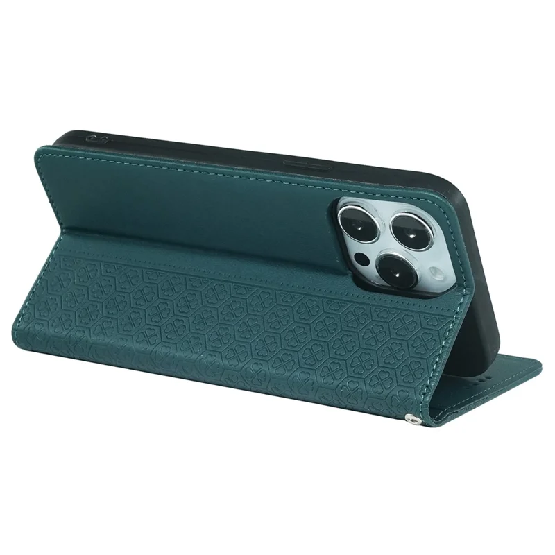 For iPhone 15 Pro Max Case Four-Leaf Clover Leather Flip Phone Cover - Green
