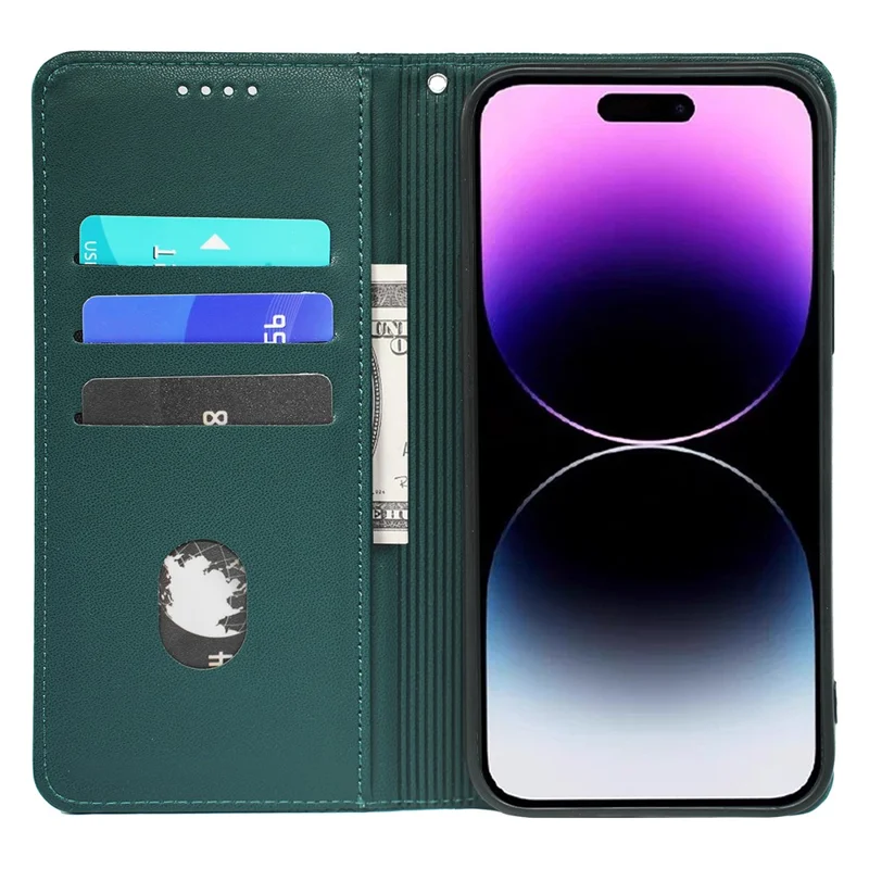 For iPhone 14 Pro Case Wallet Card Slots Leather Phone Cover Clover Imprint - Green