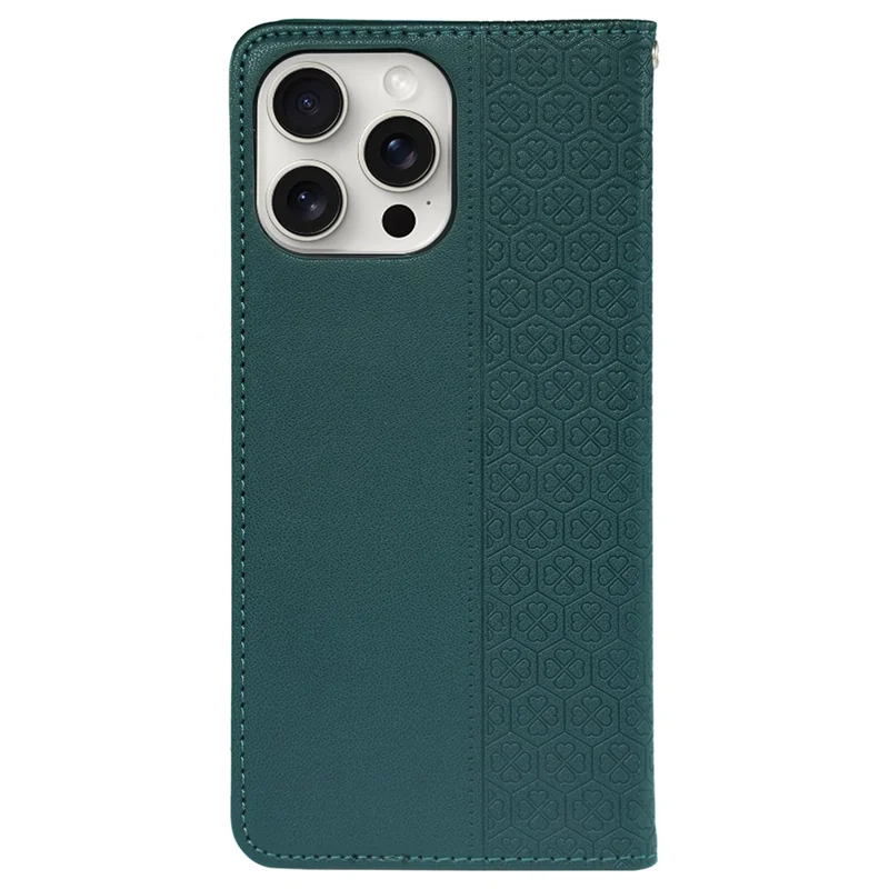 For iPhone 14 Pro Case Wallet Card Slots Leather Phone Cover Clover Imprint - Green