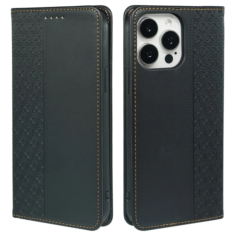 Für iPhone 14 Pro Max Hülle Vierblättriges Kleeblatt Leder Brieftasche Handyhülle - Schwarz