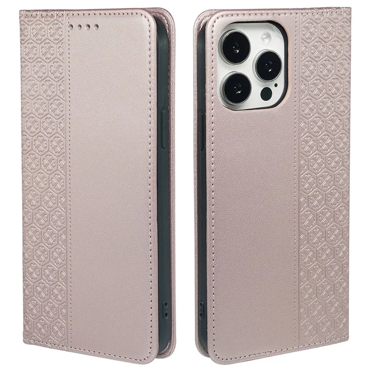 Custodia per iPhone 13 Pro Four-Leaf Clover Impresso Folio in Pelle - Rose Gold