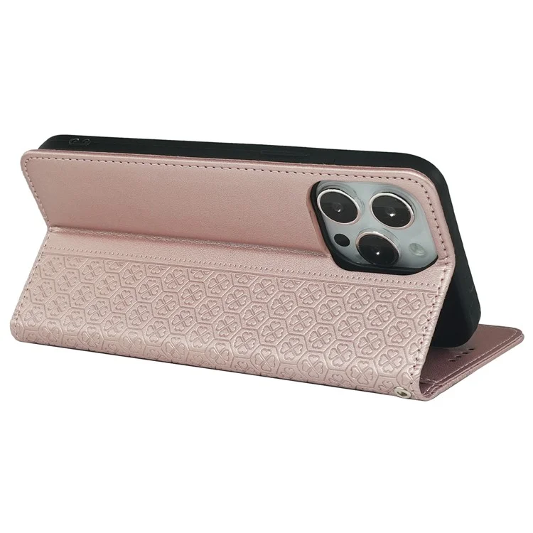 Custodia per iPhone 13 Pro Four-Leaf Clover Impresso Folio in Pelle - Rose Gold