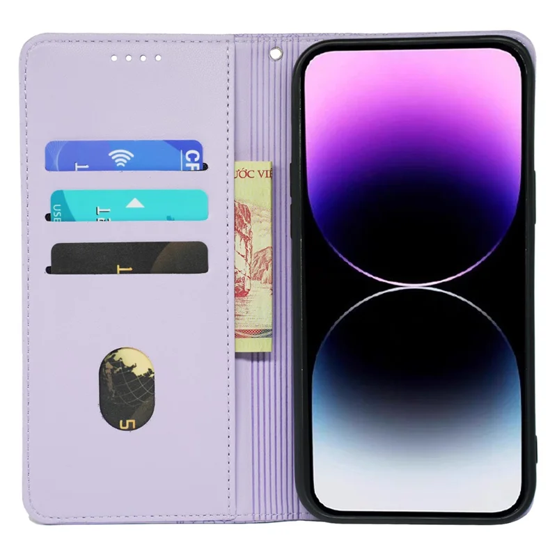 For iPhone 13 Pro Case Four-Leaf Clover Imprinted Leather Folio Phone Cover - Light Purple