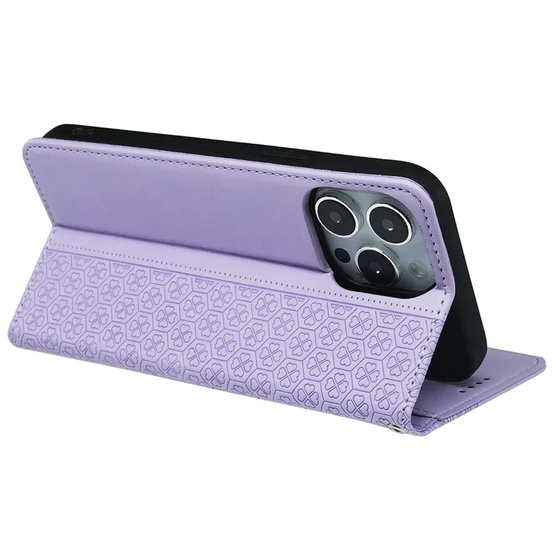 For iPhone 13 Pro Case Four-Leaf Clover Imprinted Leather Folio Phone Cover - Light Purple