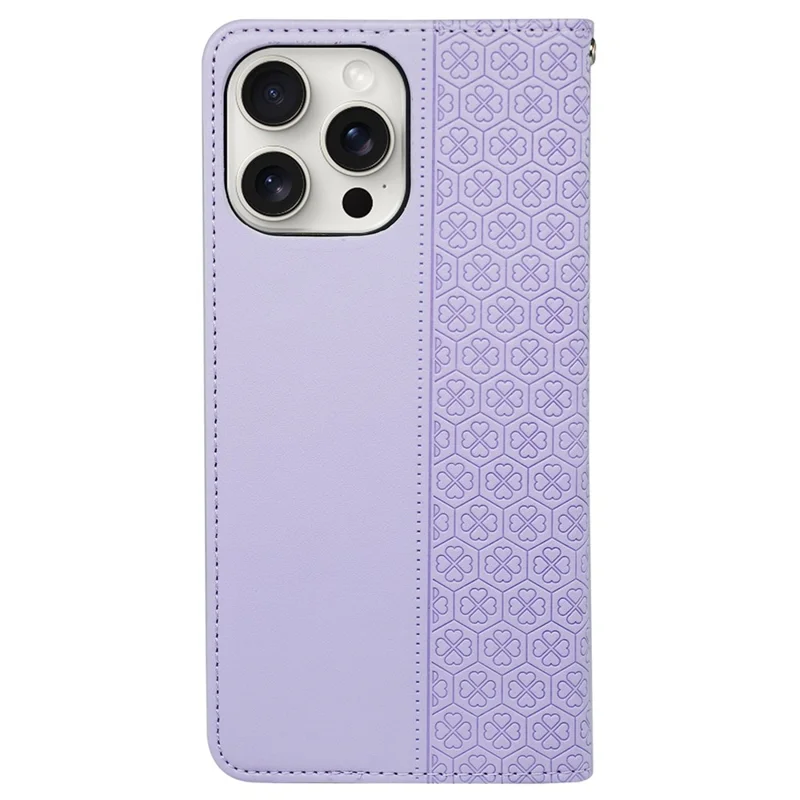 For iPhone 13 Pro Case Four-Leaf Clover Imprinted Leather Folio Phone Cover - Light Purple