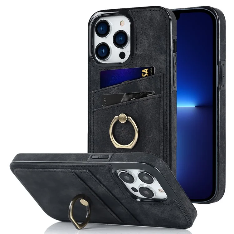 For iPhone 13 Pro Max 6.7 inch Retro PU Leather Coated TPU Case Anti-scratch Phone Cover with Ring Kickstand and Card Holder - Black