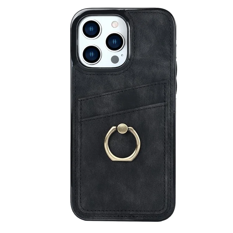 For iPhone 13 Pro Max 6.7 inch Retro PU Leather Coated TPU Case Anti-scratch Phone Cover with Ring Kickstand and Card Holder - Black