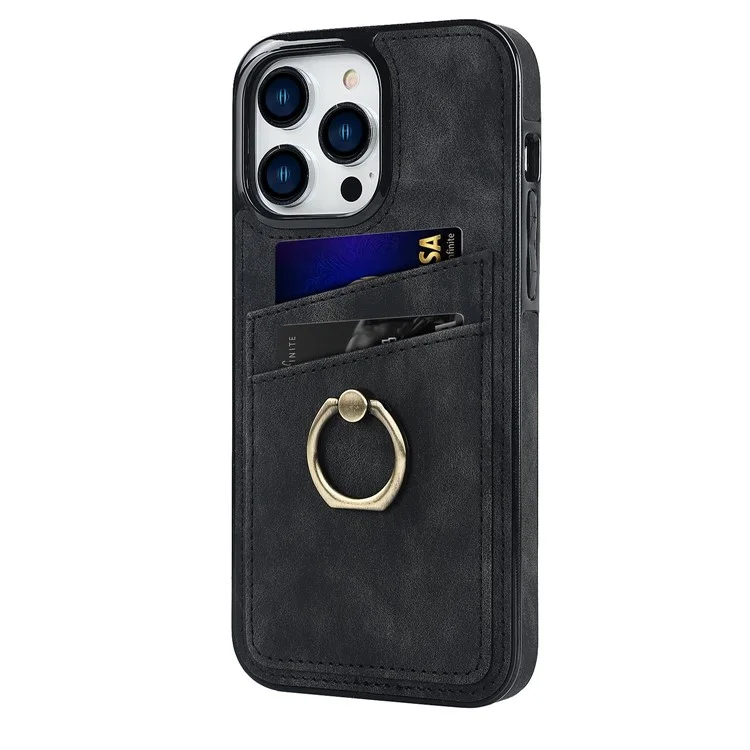 For iPhone 13 Pro Max 6.7 inch Retro PU Leather Coated TPU Case Anti-scratch Phone Cover with Ring Kickstand and Card Holder - Black
