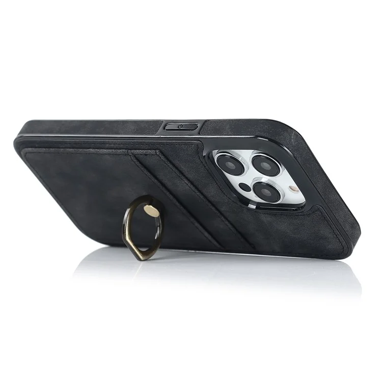 For iPhone 13 Pro Max 6.7 inch Retro PU Leather Coated TPU Case Anti-scratch Phone Cover with Ring Kickstand and Card Holder - Black