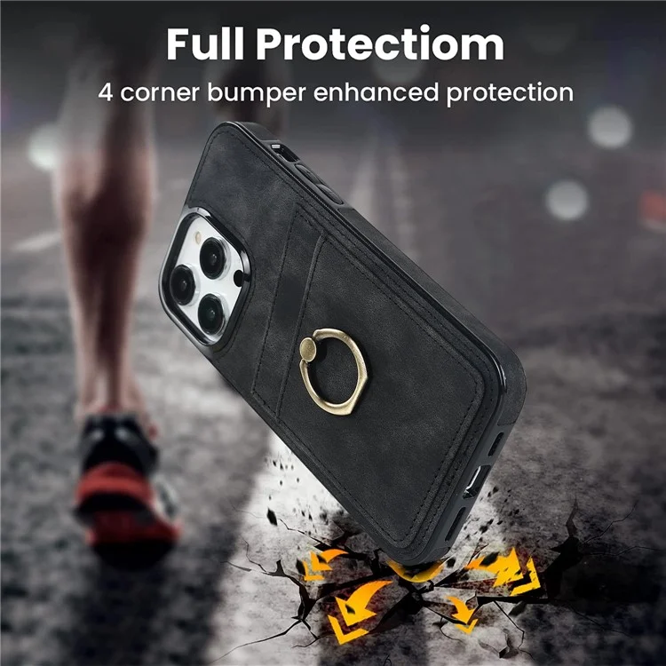 For iPhone 13 Pro Max 6.7 inch Retro PU Leather Coated TPU Case Anti-scratch Phone Cover with Ring Kickstand and Card Holder - Black