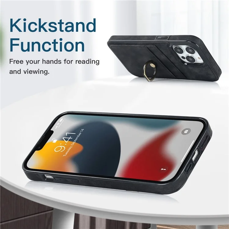 For iPhone 13 Pro Max 6.7 inch Retro PU Leather Coated TPU Case Anti-scratch Phone Cover with Ring Kickstand and Card Holder - Black