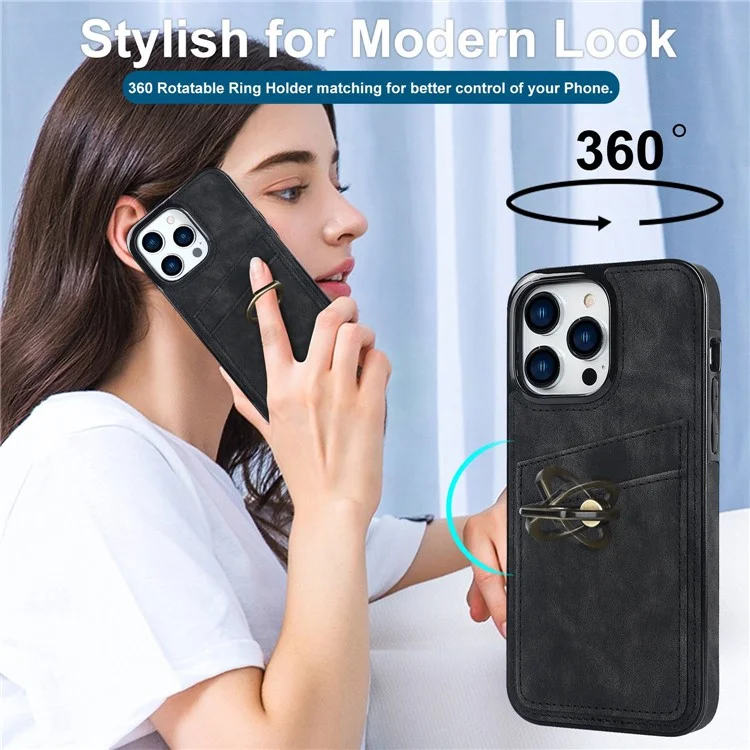 For iPhone 13 Pro Max 6.7 inch Retro PU Leather Coated TPU Case Anti-scratch Phone Cover with Ring Kickstand and Card Holder - Black