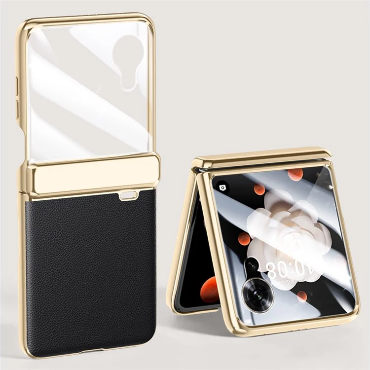 For Honor Magic V Flip 5G Case Electroplating Leather+PC Phone Cover with Rear Screen Film - Preto