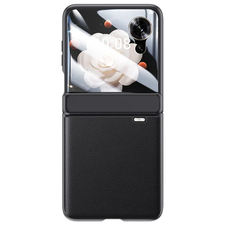 Capa de telefone Para Honor Magic V Flip 5G com proteção de dobradiça, couro + PC e película protetora traseira - Preta