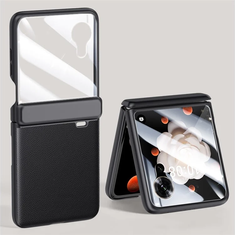 Capa de telefone Para Honor Magic V Flip 5G com proteção de dobradiça, couro + PC e película protetora traseira - Preta