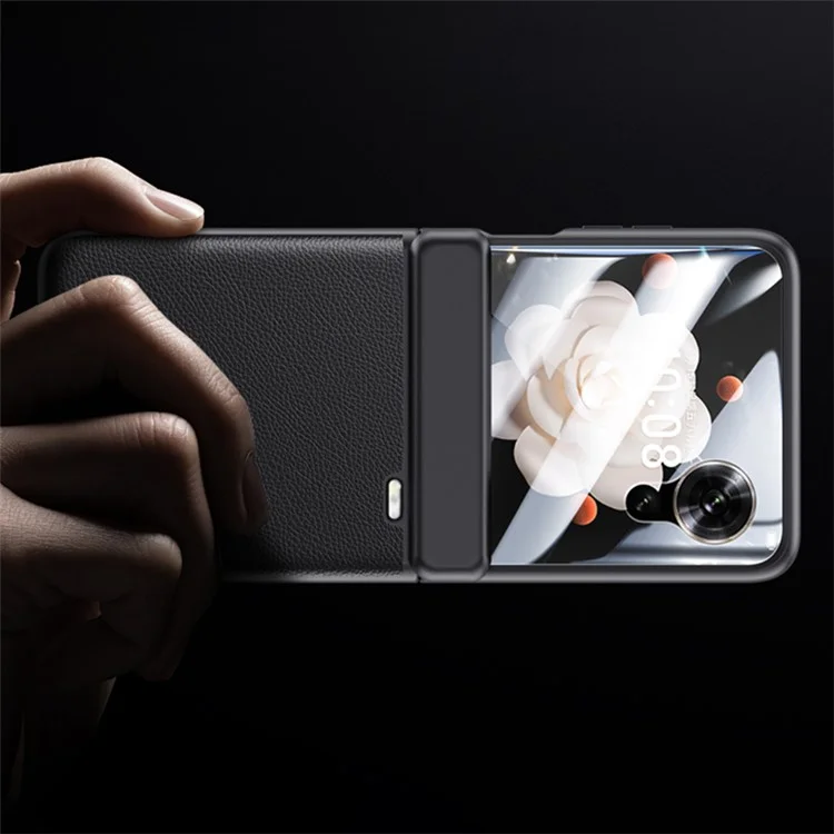 Capa de telefone Para Honor Magic V Flip 5G com proteção de dobradiça, couro + PC e película protetora traseira - Preta