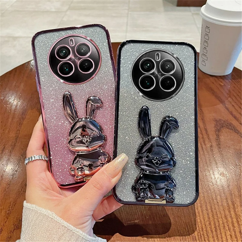For Realme 12 Pro 5G / 12 Pro+ 5G Case PC+TPU Electroplating Glitter Rabbit Phone Cover - Black