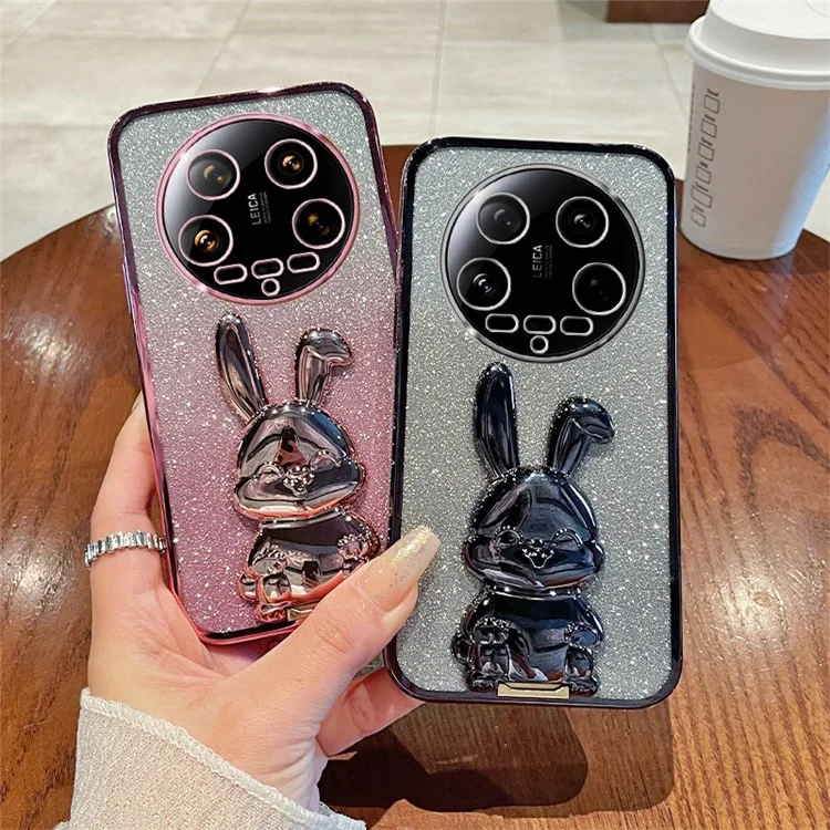 For Xiaomi 14 Ultra Case Electroplating Rabbit PC+TPU Phone Cover Hidden  Kickstand - Blue