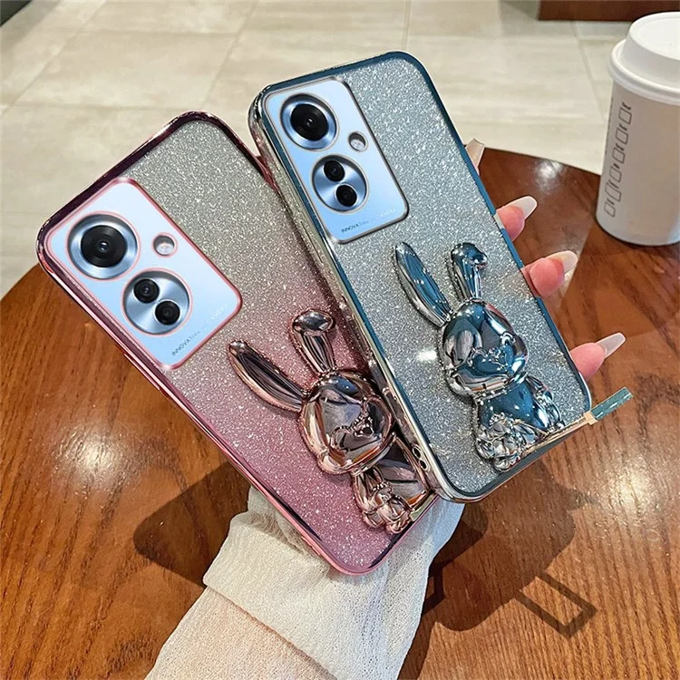 Pour Oppo Reno11 F 5G Étui Mignon Lapin Support PC+TPU Étui Téléphone - Bleu