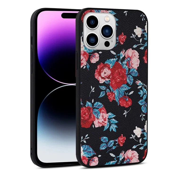 Pour Iphone 14 Pro pu Leather Revêtu Tpu + pc Case de Fleurs de Fleur Printing Protective Phone Cover - le Noir / Fleur Rouge
