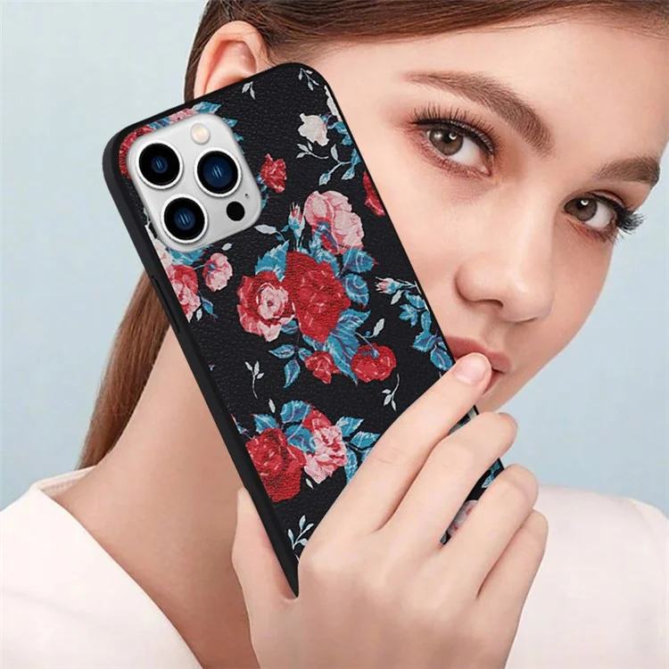 Pour Iphone 14 Pro pu Leather Revêtu Tpu + pc Case de Fleurs de Fleur Printing Protective Phone Cover - le Noir / Fleur Rouge