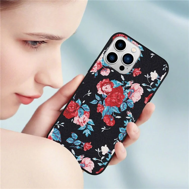 Pour Iphone 14 Pro pu Leather Revêtu Tpu + pc Case de Fleurs de Fleur Printing Protective Phone Cover - le Noir / Fleur Rouge