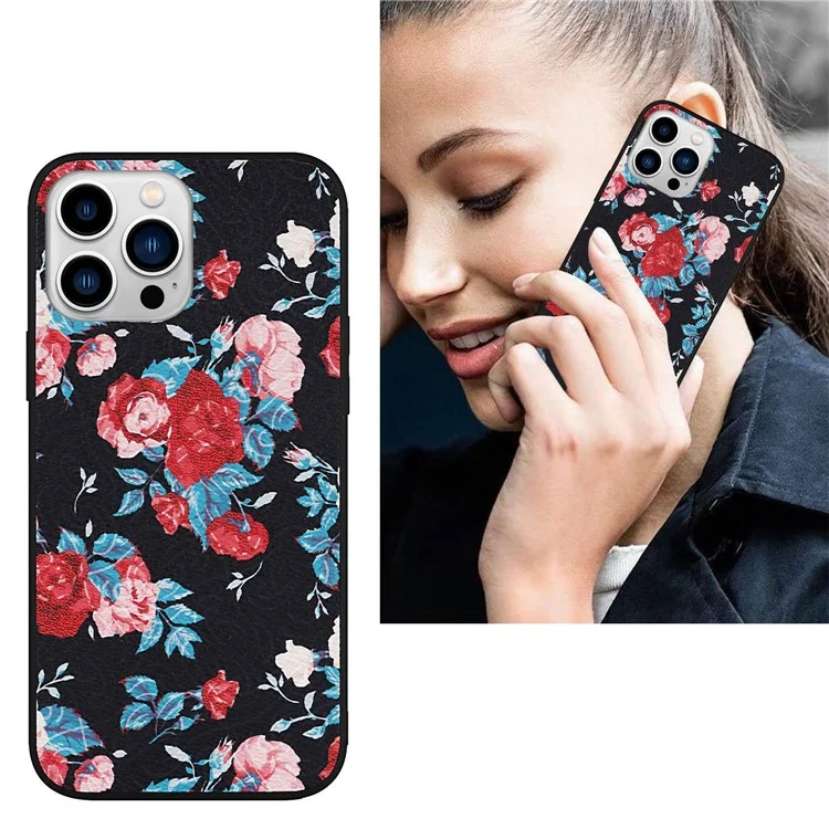 Pour Iphone 14 Pro pu Leather Revêtu Tpu + pc Case de Fleurs de Fleur Printing Protective Phone Cover - le Noir / Fleur Rouge