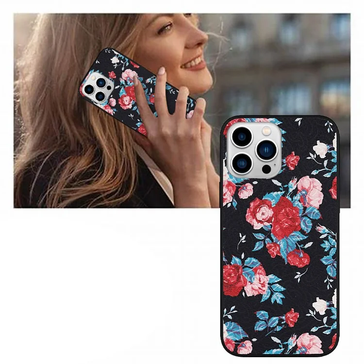 Pour Iphone 14 Pro pu Leather Revêtu Tpu + pc Case de Fleurs de Fleur Printing Protective Phone Cover - le Noir / Fleur Rouge
