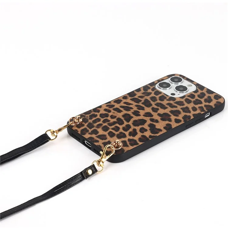 Pour iPhone 14 Pro Stylish PU Leather Coated PC+TPU Phone Cover Drop-proof Back Case avec Shoulder Strap - Motif Léopard